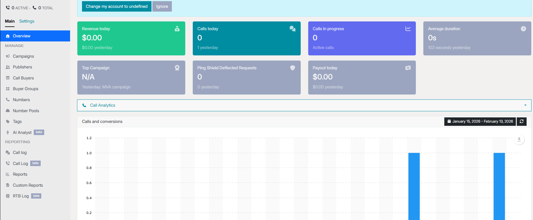 Ringwhale - Retreaver Partner Call Tracking Screen shot of a new account